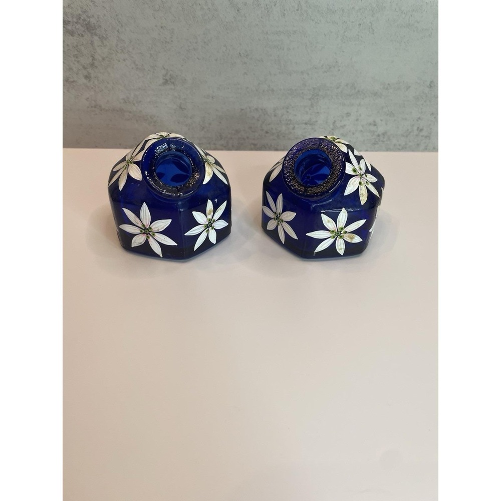 Vtg Set Of Cobalt Blue Handpainted Flowers Made In Mexico Glass